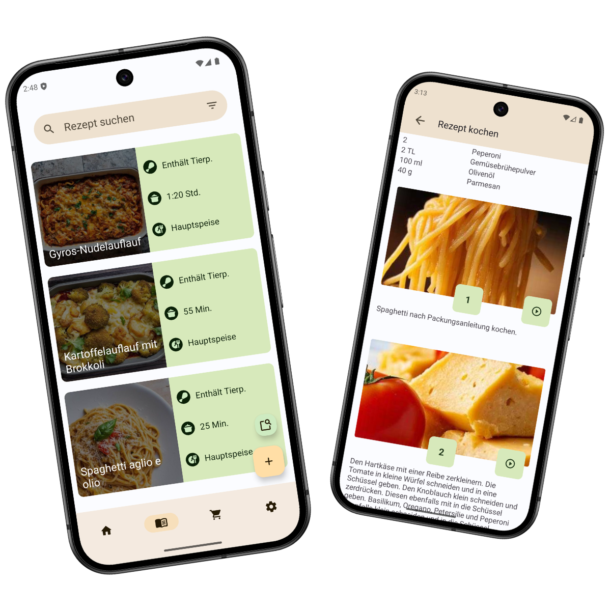 CookBuddy App Vorschau mit Rezeptliste und Kochmodus